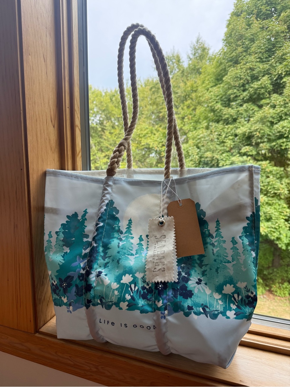 Sea Bags Maine x Life Is Good Teal and Aqua Forest Print Rope-Handle Tote